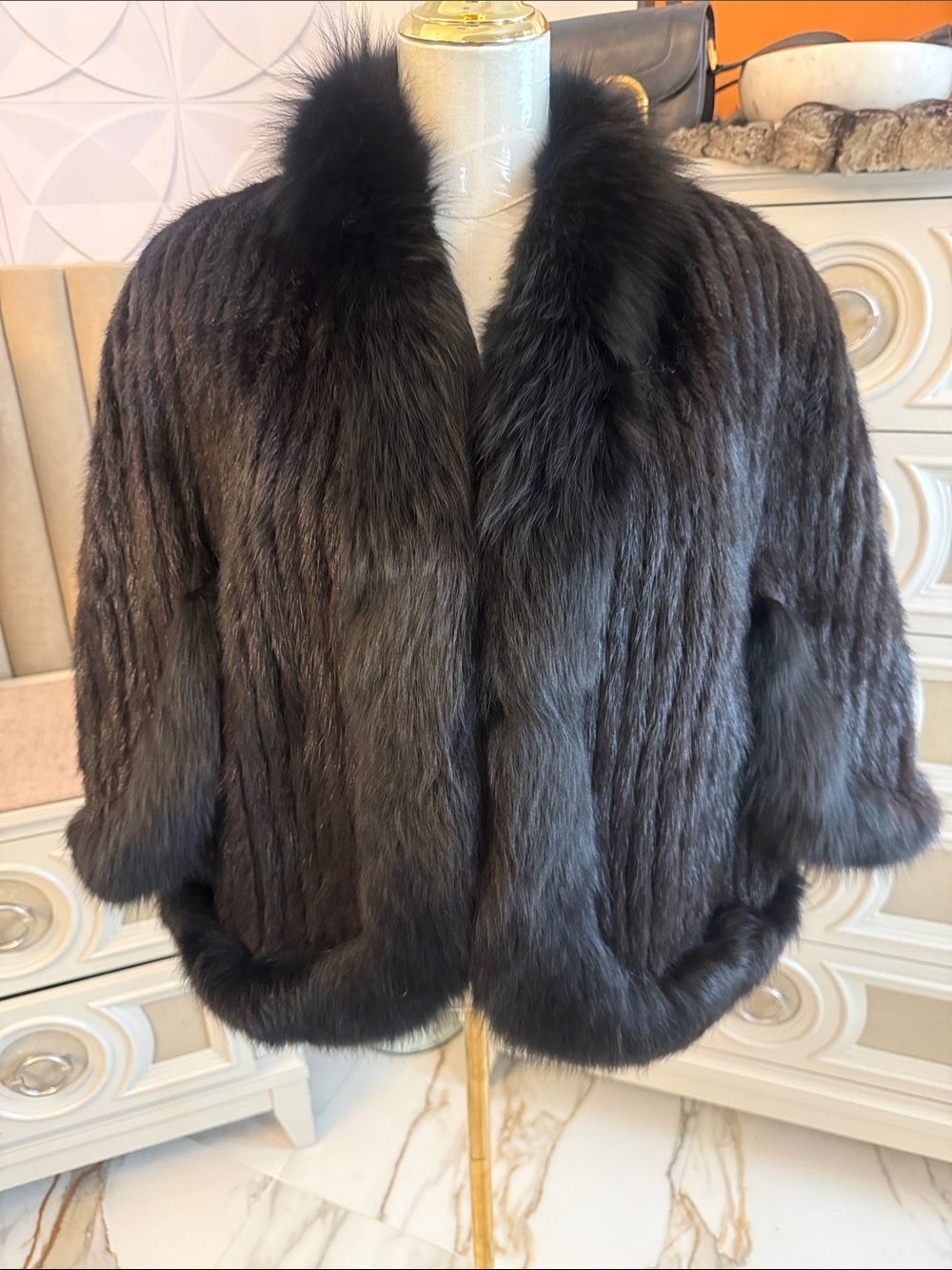 saga black mink and fox fur cape
